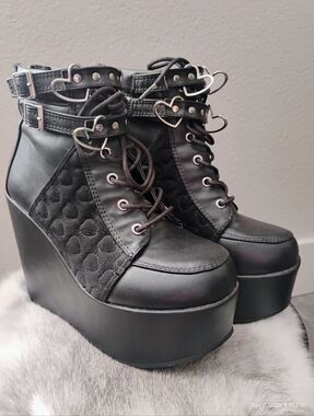 Black Platform Wedge Lace-Up Ankle Boots with Heart Buckle